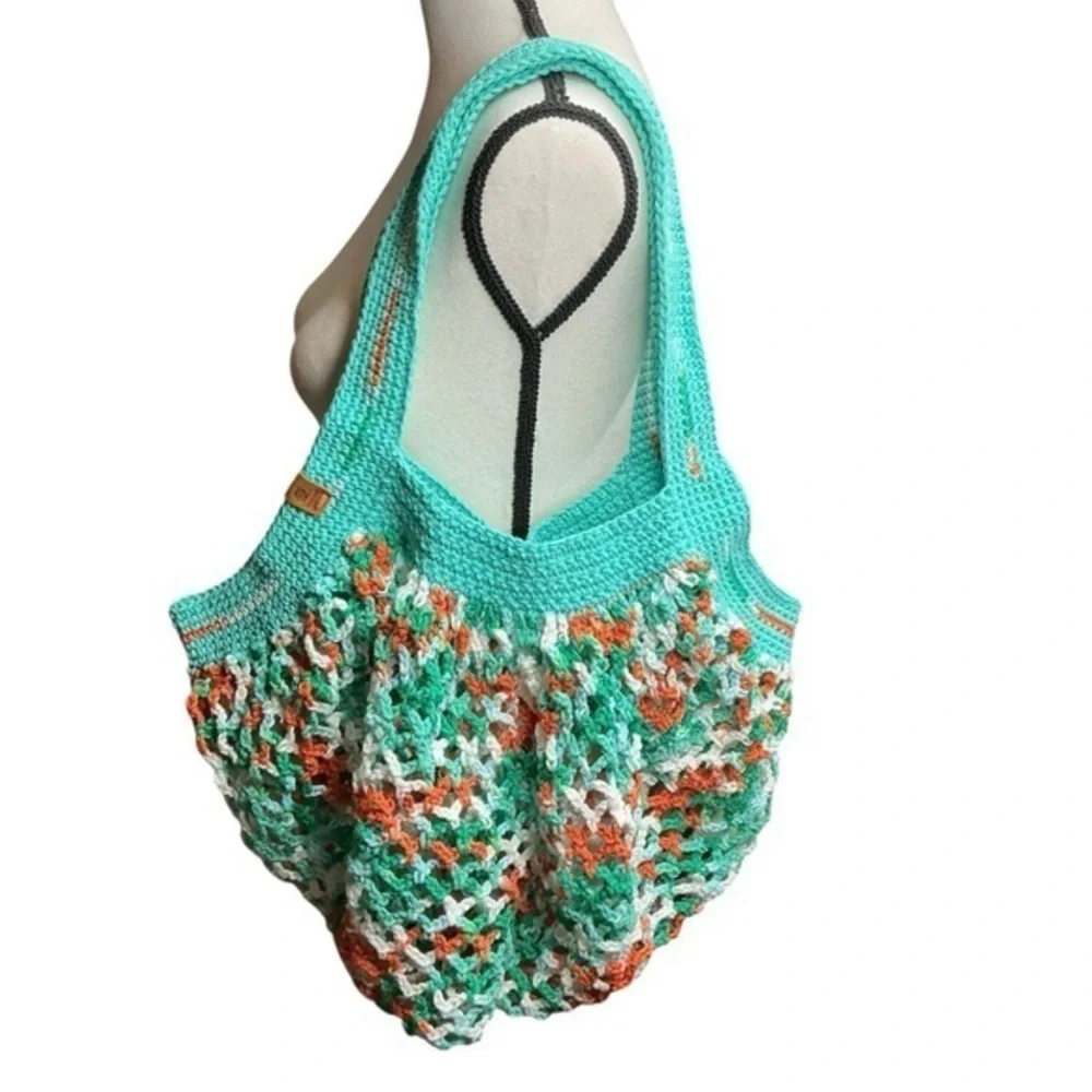 Large‎ Crochet Mesh Market Bag Teal White Cotton Handcrafted Handmade Reusable